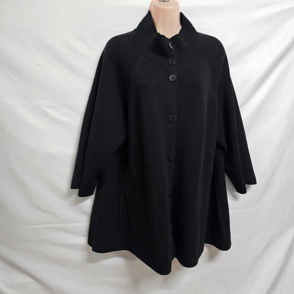 Eileen Fisher Button Up Mock Neck Kimono Jacket Women Size L Black Silk/Cotton